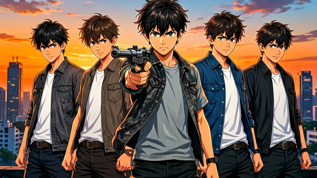 日本少年漫画精选合集：画面展示多位热血少年角色并肩站立，背景为城市与天空，色彩鲜明，展现典型日式漫画封面风格