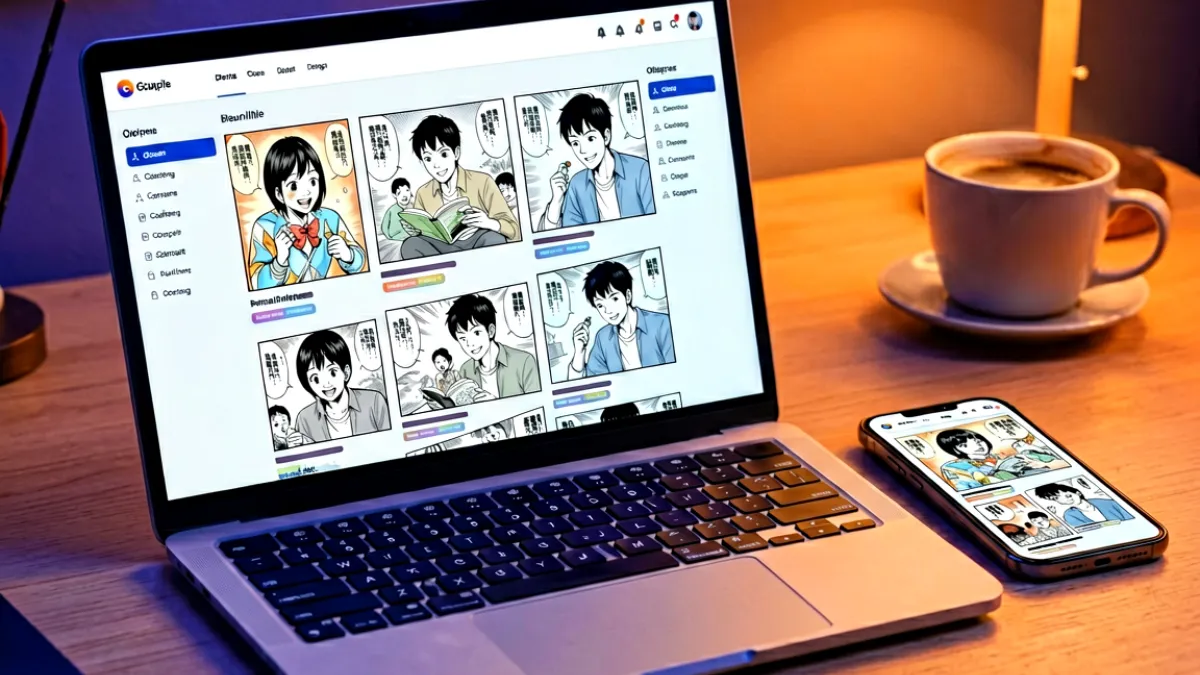 电脑显示器与手机屏幕上展示着漫画阅读界面的场景，暖色调灯光下用户正在浏览禁漫天堂官网的页面布局，画面呈现多设备协同阅读的视觉效果